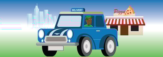 A car driving away from a pizzeria
