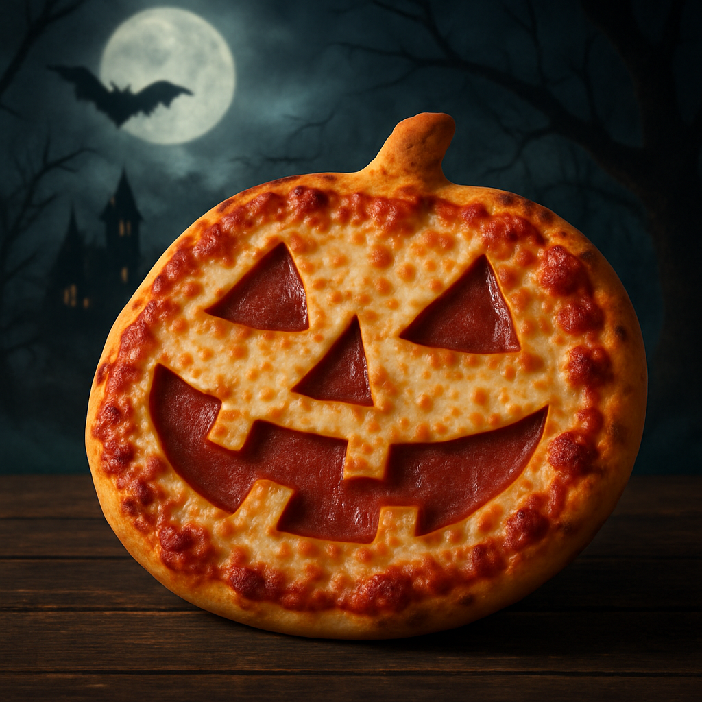 A pizza shaped like a jackolantern sitting on an angle with a spooky background-1