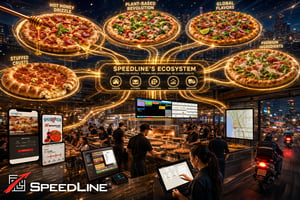 A pizzeria operator using SpeedLine POS software to review menu options, sales data, ingredient costs, and restaurant operations to identify profitable menu opportunities, improve efficiency, and make informed decisions about emerging pizza trends and specialty ingredients