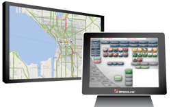 A POS terminal displaying an order and a TV monitor showing the mapped route for delivery.