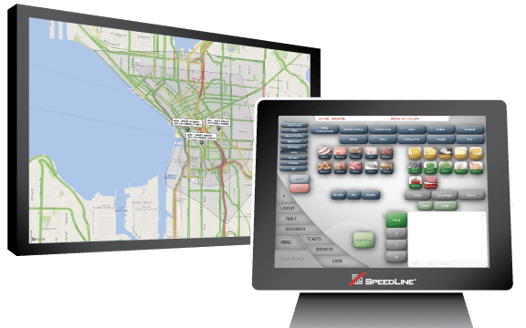 A POS terminal showing deliveries is sitting beside a digital wall map showing delivery zones. 