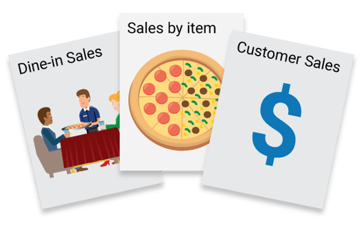 Dine-in-sales, sales by item and customer sales reports