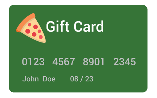 A gift card with a slice of pizza on it. 