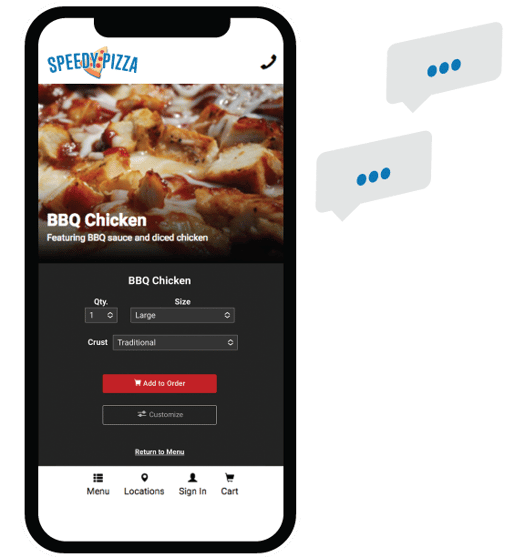 A phone with a SpeedDine online ordering site showing on the screen