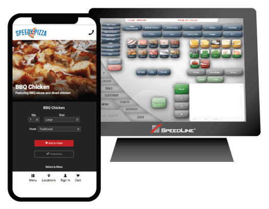 A phone showing the SpeedDine online ordering site and a POS terminal showing the same order of the screen