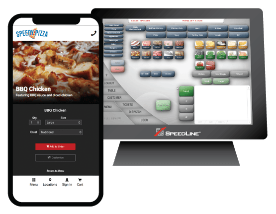A phone showing an online ordering site, and a computer showing the order come through to the POS