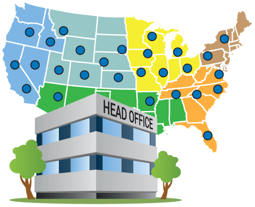 A restaurant chain head office in front of a map of the US