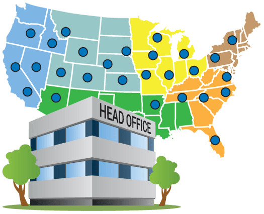 A restaurant chain head office in front of a map of the US