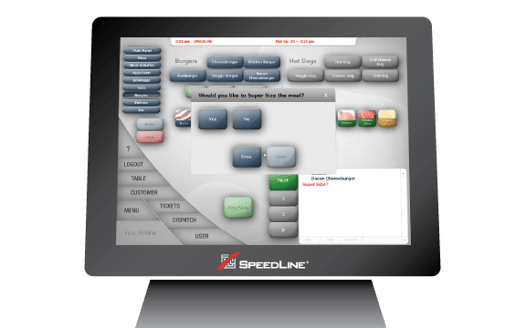 The POS terminal shows a guided ordering and upselling pop-up on the screen.