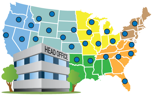 A head office of a restaurant chain in front of a map of the US