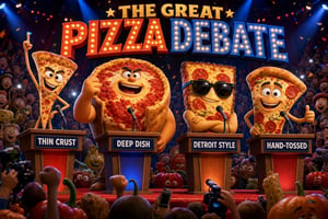 Four popular pizza styles—thin crust, deep dish, Detroit-style, and hand-tossed—compete for the crown in SpeedLine’s Great Pizza Debate
