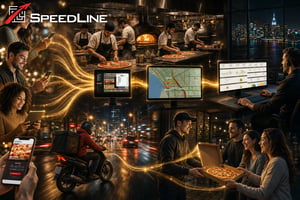 A busy pizza restaurant during the Friday-night dinner rush, with kitchen staff preparing pizzas, coordinating orders, organizing pickup and delivery orders, and using POS technology to improve kitchen workflow, order accuracy, driver dispatch, and customer service