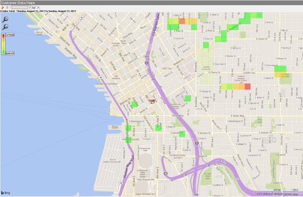 SpeedLine LiveMaps heat map example showing sales totals per region.