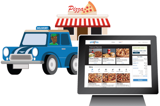 A delivery vehicle, pizza place and computer with an online ordering site