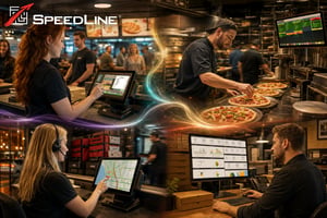 Pizza POS features for restaurants, showing a modern pizzeria operation with online ordering, pizza order management, kitchen production, delivery dispatch, driver routing, customer orders, and reporting connected through SpeedLine pizza restaurant POS software