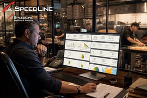 Pizza restaurant operator reviewing POS reporting and analytics to track sales, menu performance, labor, inventory, online ordering, delivery, customer behavior, food costs, and overall pizzeria performance