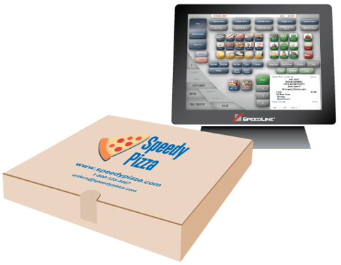 A pizza box in front of a POS system