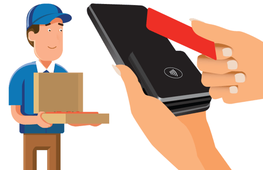 A delivery driver holding a pizza and collecting payment at the door