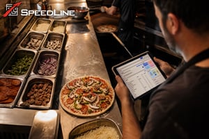 Pizza restaurant inventory management with fresh ingredients, organized toppings, pizza dough, and a restaurant manager reviewing inventory and food cost information on a tablet in a professional pizzeria kitchen