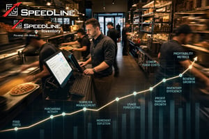 Restaurant staff using SpeedLine Inventory Powered with WookAI to manage inventory, purchasing, food costs, and profitability, with POS screens, inventory analytics, and a professional profit margin growth graph overlay in a busy pizza restaurant