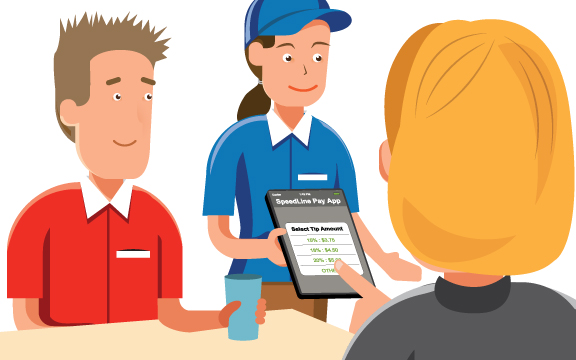A server using a tablet to collect payment at the table