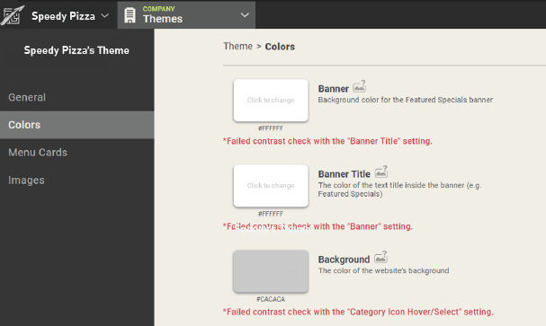 SpeedDine Website Theme Failed Color Contrast Warnings