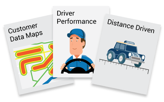 Customer Data Maps, Driver Performance, and Distance Driven reports.