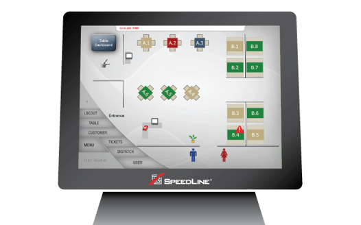 A SpeedLine POS terminal displaying the restaurant floorplan. 