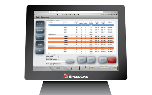 A SpeedLine POS terminal displaying the table dashboard. 