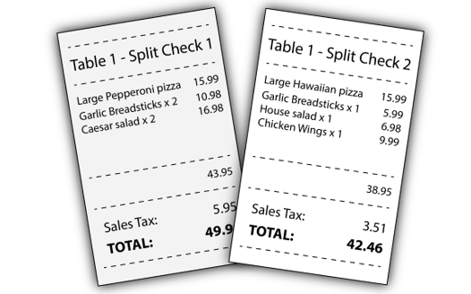 Two printed receipts showing different ways SpeedLine can split a bill. 
