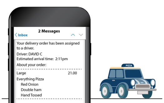 A customer notification email shown on a phone beside a delivery car
