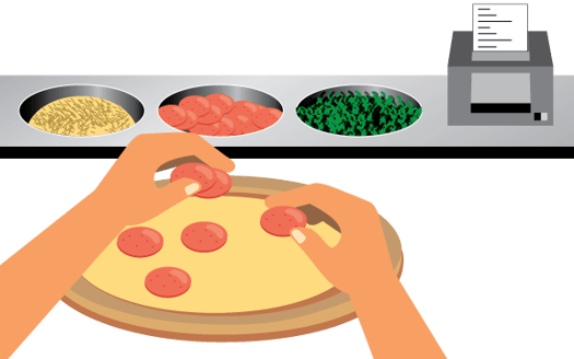A staff member makes a pizza with the help of a make ticket printed from the kitchen printer. 