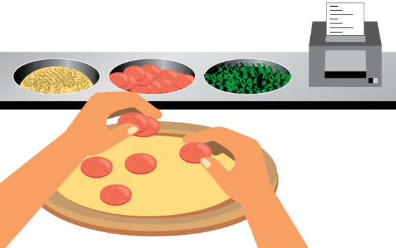 An employee using a make-ticket printer to prepare a pizza with pepperoni.