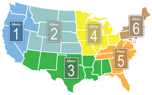 A map of the United States divided into regions, each with their own menu. 
