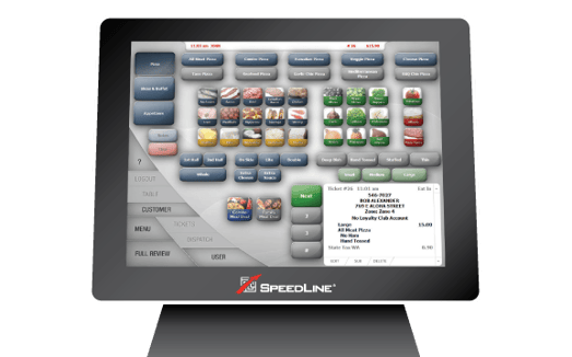 A SpeedLine POS terminal with a half-and-half pizza order being entered. 