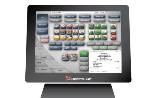 A POS terminal displaying a half-and-half pizza order. 