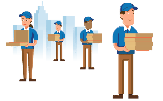 Pizza delivery drivers carrying boxes of pizza represent the scalability of the online ordering site. 