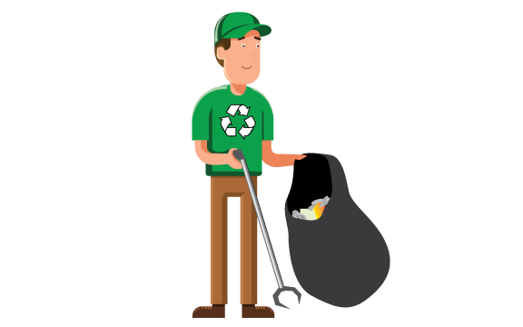A SpeedLine staff member dressed in green picking up litter. 