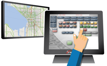 SpeedLine POS terminal beside a digital wall map displaying deliveries
