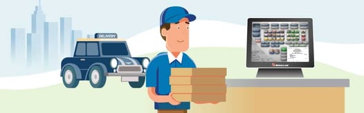 A delivery driver holding pizzas beside the POS terminal
