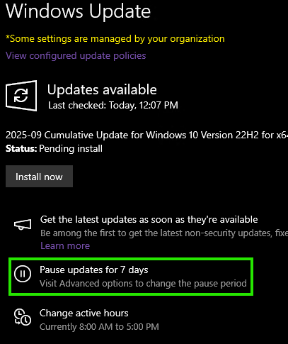 Windows 10 Pause Updates