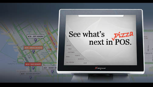 A POS terminal with See what's next in pizza pos on the display