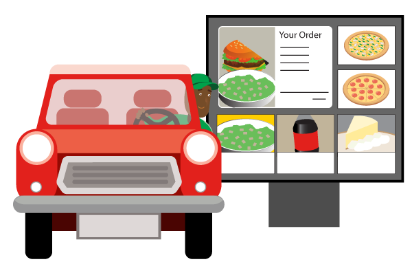 A red cartoon car driving up to and ordering at a drive-thru display outside a restaurant