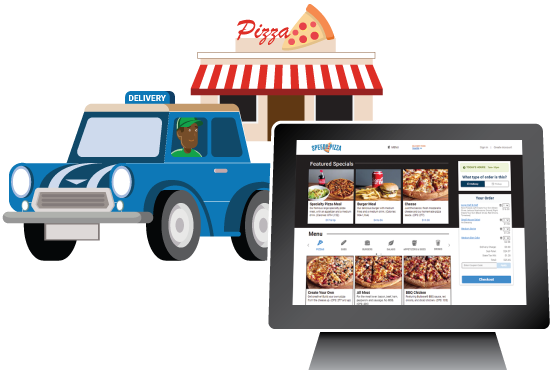 An online ordering site shown in front of a pizzeria with a delivery car