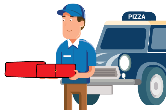 A pizza delivery employee holding a pizza box and walking away from his vehicle